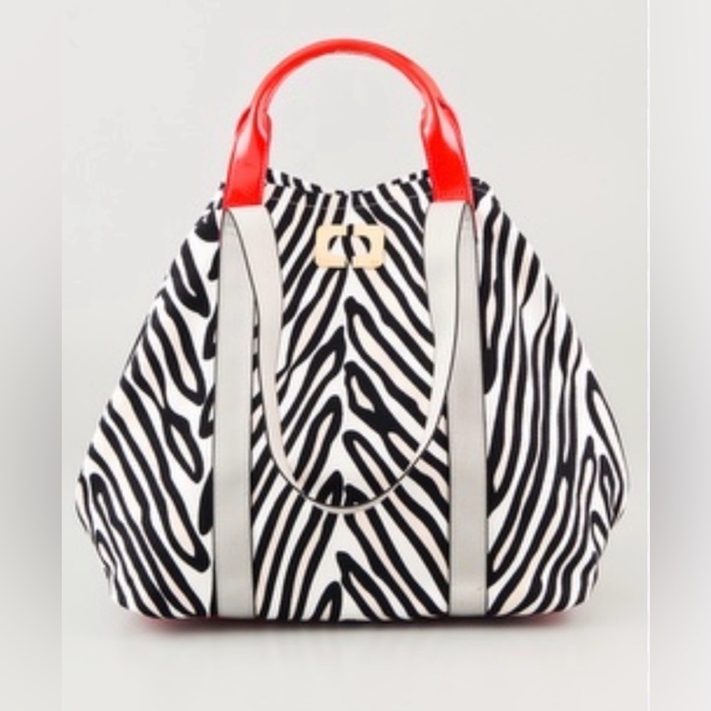 Y2K Vintage Diane von Furstenberg Zebra Print Tote with red handles